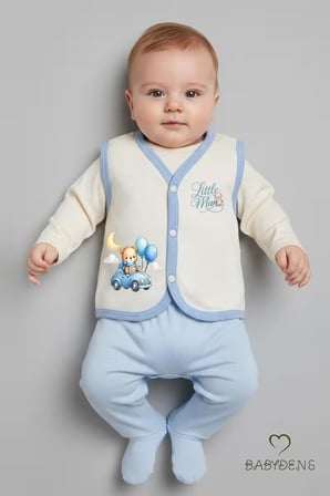 Erkek Bebek 3’lü Jakarlı Yelek Set Çıtçıtlı Bebek Yeleği Ayıcık Baskılı,Pamuklu,Yenidoğan Yelek Seti
