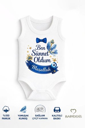 Sünnet Kıyafeti Erkek Bebek Body %100 Pamuk – Ben Sünnet Oldum Maşallah Baskılı Zıbın – Kolsuz Body
