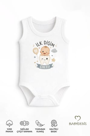 İlk Dişim Çıktı Baskılı Kolsuz Bebek Body %100 Pamuk Unisex Diş Buğdayı Konsept Çıtçıtlı Zıbın