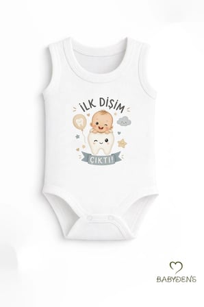 İlk Dişim Çıktı Baskılı Kolsuz Bebek Body %100 Pamuk Unisex Diş Buğdayı Konsept Çıtçıtlı Zıbın