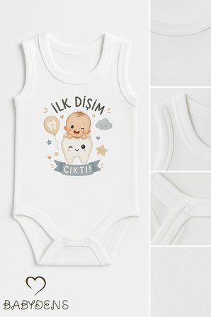 İlk Dişim Çıktı Baskılı Kolsuz Bebek Body %100 Pamuk Unisex Diş Buğdayı Konsept Çıtçıtlı Zıbın