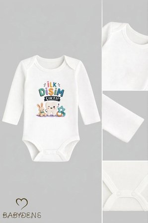 Diş Buğdayı Body %100 Pamuk İlk Dişim Çıktı Baskılı Uzun Kollu Bebek Body Çıtçıtlı Unisex Yenidoğan Zıbın