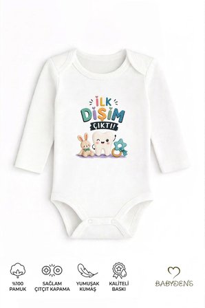 Diş Buğdayı Body %100 Pamuk İlk Dişim Çıktı Baskılı Uzun Kollu Bebek Body Çıtçıtlı Unisex Yenidoğan Zıbın