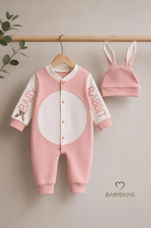 Tavşan Kulaklı Yenidoğan Tulum Seti %100 Pamuklu Ayarlanır Ponponlu Unisex Bebek Tulum Şapka Set