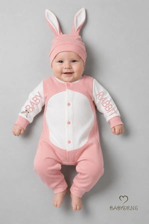Tavşan Kulaklı Yenidoğan Tulum Seti %100 Pamuklu Ayarlanır Ponponlu Unisex Bebek Tulum Şapka Set