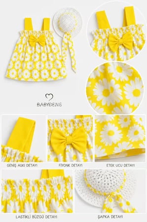Babydens Kız Bebek Çiçek Desenli Askılı Elbise ve Şapka Takımı Sarı Pamuklu Yazlık 6-9 Ay