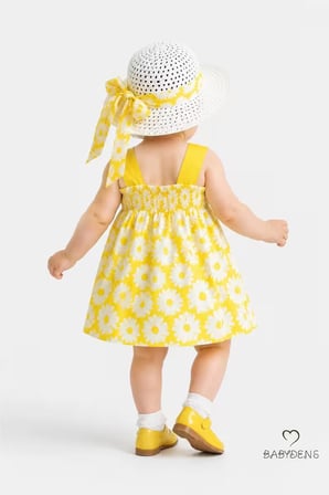 BABYDEN'S Kız Bebek Elbise Takımı Sarı Çiçek Desenli Pamuklu Yazlık Askılı 9-12 Ay