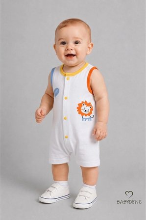 BABYDEN'S Erkek Bebek Yazlık Pamuklu Tulum Kolsuz Çıtçıtlı Aslan Baskılı Beyaz 3 - 6 Ay