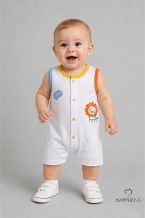 BABYDEN'S Erkek Bebek Yazlık Pamuklu Tulum Kolsuz Çıtçıtlı Aslan Baskılı Beyaz 3 - 6 Ay