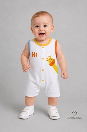 Babyden's Erkek Bebek Tulum Yazlık Pamuklu Kolsuz Zürafa Baskılı Çıtçıtlı Beyaz 0-3 Ay
