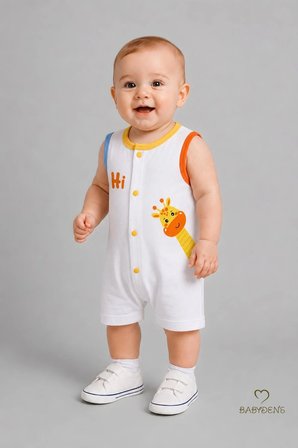 Babyden's Erkek Bebek Tulum Yazlık Pamuklu Kolsuz Zürafa Baskılı Çıtçıtlı Beyaz 0-3 Ay