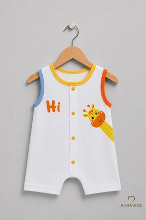 Babyden's Erkek Bebek Tulum Yazlık Pamuklu Kolsuz Zürafa Baskılı Çıtçıtlı Beyaz 0-3 Ay