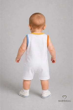 Babyden's Erkek Bebek Tulum Yazlık Pamuklu Kolsuz Zürafa Baskılı Çıtçıtlı Beyaz 0-3 Ay