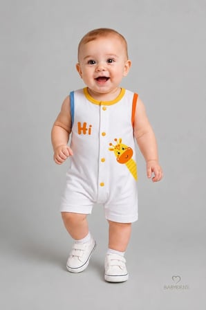BABYDEN'S Erkek Bebek Tulum Yazlık Pamuklu Kolsuz Zürafa Baskılı Beyaz