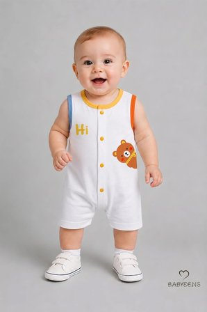 Babyden's Erkek Bebek Tulumu Pamuklu Kolsuz Yazlık Beyaz Ayıcık Baskılı Çıtçıtlı 3-6 Ay