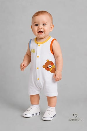 Babyden's Erkek Bebek Tulumu Pamuklu Kolsuz Yazlık Beyaz Ayıcık Baskılı Çıtçıtlı 3-6 Ay