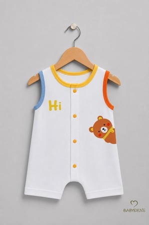 Babyden's Erkek Bebek Tulumu Pamuklu Kolsuz Yazlık Beyaz Ayıcık Baskılı Çıtçıtlı 3-6 Ay