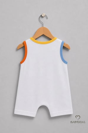 Babyden's Erkek Bebek Tulumu Pamuklu Kolsuz Yazlık Beyaz Ayıcık Baskılı Çıtçıtlı 3-6 Ay