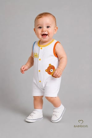 BABYDEN'S Erkek Bebek Tulumu Yazlık Pamuklu Kolsuz Çıtçıtlı Ayıcık Baskılı Beyaz 6-9 Ay