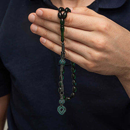 Gümüş Kazaz Püsküllü Yeşil Sıkma Kehribar Tesbih