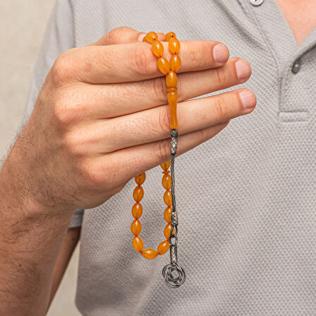 Gümüş Turuncu Kazaz Püsküllü Sıkma Kehribar Tesbih
