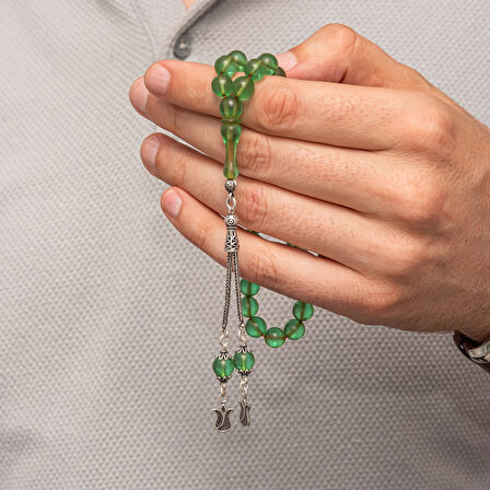 Gümüş Püsküllü Yeşil Yuvarlak Sıkma Kehribar Tesbih