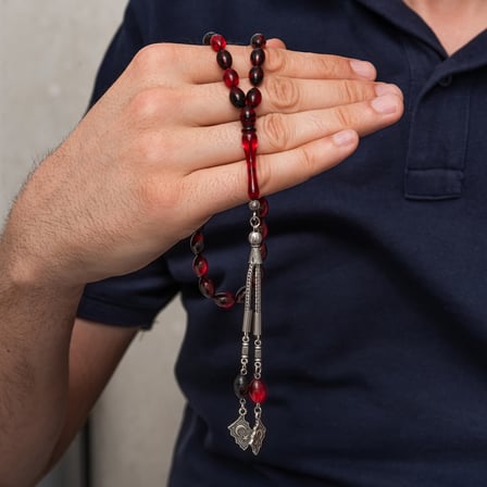 Metal Püsküllü Kırmızı Siyah Sıkma Kehribar Tesbih