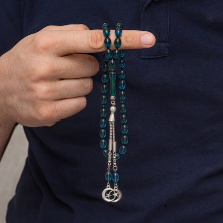 Metal Püsküllü Mavi Sıkma Kehribar Tesbih