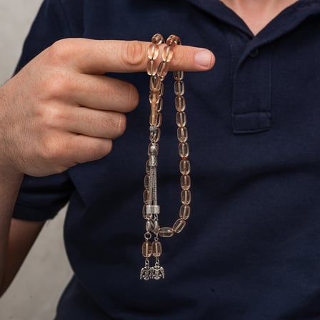Metal Püsküllü Şeffaf Kapsül Kesim Sıkma Kehribar Tesbih