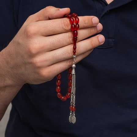 Metal Püsküllü Arpa Kesim Sıkma Kehribar Tesbih