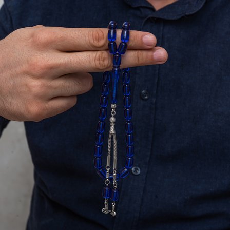 Metal Püsküllü Kapsül Kesim Lacivert Sıkma Kehribar Tesbih