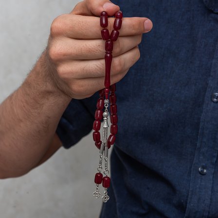 Metal Püsküllü Kapsül Kesim Bordo Sıkma Kehribar Tesbih