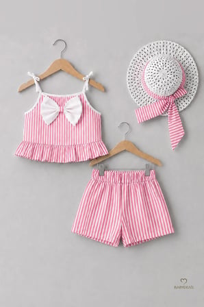 Kız Bebek Yazlık Takım Şapkalı Şortlu Takım Askılı Fiyonklu Alt Üst Takım Günlük Özel Gün Kombini 9-36 Ay