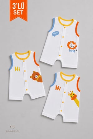 Erkek Bebek Şortlu Tulum 3'lü Set % 100 Pamuklu Kolsuz Çıtçıtlı Yazlık Safari Baskılı Yenidoğan Bebek Tulumu