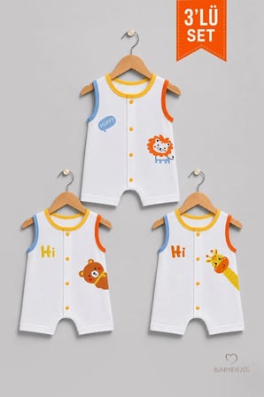 Erkek Bebek Şortlu Tulum 3'lü Set % 100 Pamuklu Kolsuz Çıtçıtlı Yazlık Safari Baskılı Yenidoğan Bebek Tulumu
