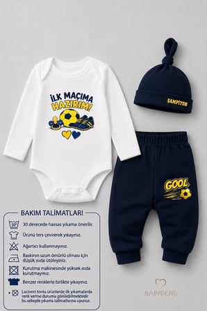 Bebek 3'lü Takım Sarı Lacivert Taraftar Temalı Uzun Kol %100 Pamuk Yenidoğan Body Pantolon Şapka Seti İlk Maçıma Hazırım 0-9 Ay