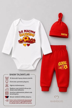 Bebek 3'lü Takım Sarı Kırmızı Taraftar Temalı Uzun Kol %100 Pamuk Yenidoğan Body Pantolon Şapka Seti İlk Maçıma Hazırım 0-9 Ay