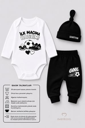 Bebek 3'lü Takım Siyah Beyaz Taraftar Temalı Uzun Kol %100 Pamuk Yenidoğan Body Pantolon Şapka Seti İlk Maçıma Hazırım 0-9 Ay