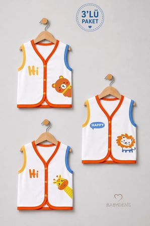 3'Lü Bebek Yeleği  Pamuk Çıtçıtlı Mevsimlik Yenidoğan Bebek Yelek Seti Ari Baskılı Unisex 0-9 Ay