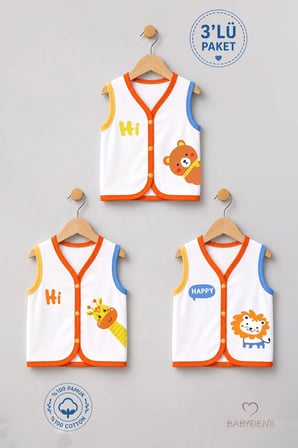 3'lü Bebek Yeleği %100 Pamuk Çıtçıtlı Mevsimlik Yenidoğan Bebek Yelek Seti Safari Baskılı Unisex 0-9 Ay