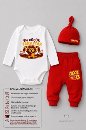 %100 Pamuk Sarı Kırmızı En Küçük Taraftar 3'lü Yenidoğan Bebek Takımı Uzun Kollu Body Pantolon Şapka Seti Unisex 0-9 Ay