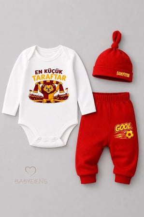 %100 Pamuk Sarı Kırmızı En Küçük Taraftar 3'lü Yenidoğan Bebek Takımı Uzun Kollu Body Pantolon Şapka Seti Unisex 0-9 Ay
