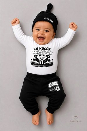 %100 Pamuk Siyah Beyaz En Küçük Taraftar 3'lü Yenidoğan Bebek Takımı Uzun Kollu Body Pantolon Şapka Seti Unisex 0-9 Ay