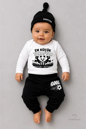 %100 Pamuk Siyah Beyaz En Küçük Taraftar 3'lü Yenidoğan Bebek Takımı Uzun Kollu Body Pantolon Şapka Seti Unisex 0-9 Ay