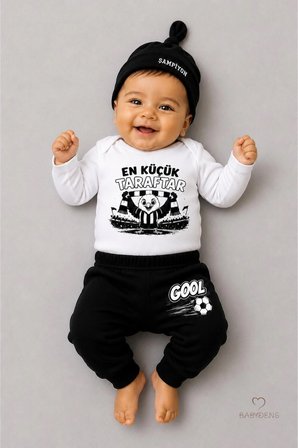 %100 Pamuk Siyah Beyaz En Küçük Taraftar 3'lü Yenidoğan Bebek Takımı Uzun Kollu Body Pantolon Şapka Seti Unisex 0-9 Ay