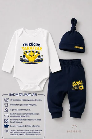 %100 Pamuk Sarı Lacivert En Küçük Taraftar 3'lü Yenidoğan Bebek Takımı Uzun Kollu Body Pantolon Şapka Seti Unisex 0-9 Ay