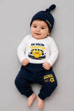 %100 Pamuk Sarı Lacivert En Küçük Taraftar 3'lü Yenidoğan Bebek Takımı Uzun Kollu Body Pantolon Şapka Seti Unisex 0-9 Ay
