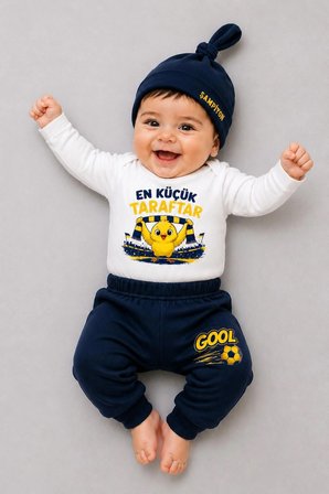 %100 Pamuk Sarı Lacivert En Küçük Taraftar 3'lü Yenidoğan Bebek Takımı Uzun Kollu Body Pantolon Şapka Seti Unisex 0-9 Ay