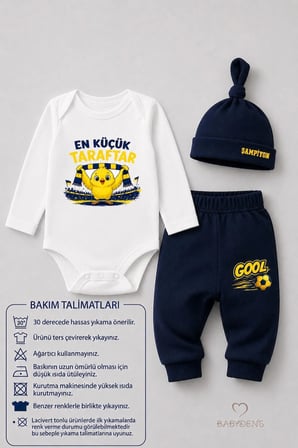 %100 Pamuk Sarı Lacivert En Küçük Taraftar 3'lü Yenidoğan Bebek Takımı Uzun Kollu Body Pantolon Şapka Seti Unisex 0-9 Ay