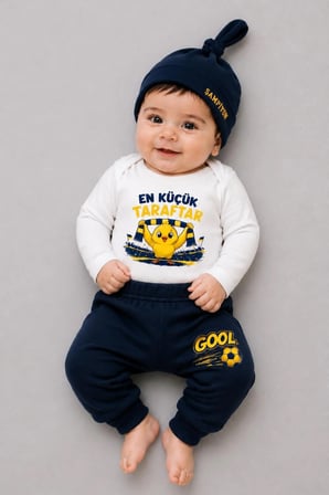 %100 Pamuk Sarı Lacivert En Küçük Taraftar 3'lü Yenidoğan Bebek Takımı Uzun Kollu Body Pantolon Şapka Seti Unisex 0-9 Ay